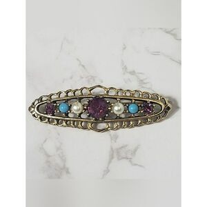 VINTAGE EMMONS Amethyst Crystal Faux Pearl Victorian Brooch Pin